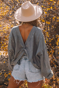 Gray Exposed Seam Twist Open Back Oversized Sweatshirt