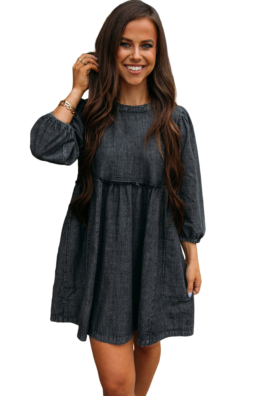 Women’s Long Sleeve Babydoll Black Balloon Sleeve High Waist Denim Dress