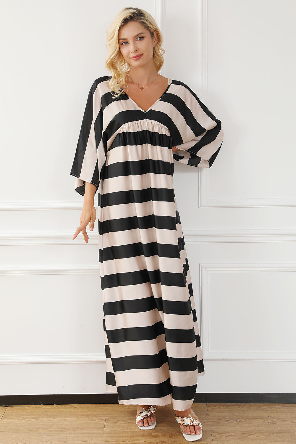 Black V Neck Kimono Sleeve Black and White Striped Maxi Long Dress