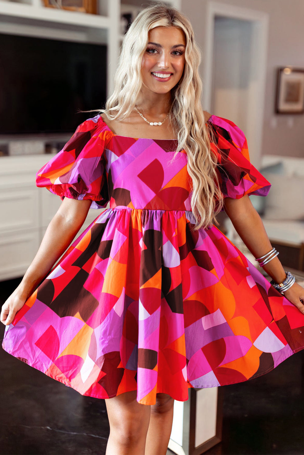 Women's Red Abstract Print Square Neck Puff Sleeve Short Mini Dress