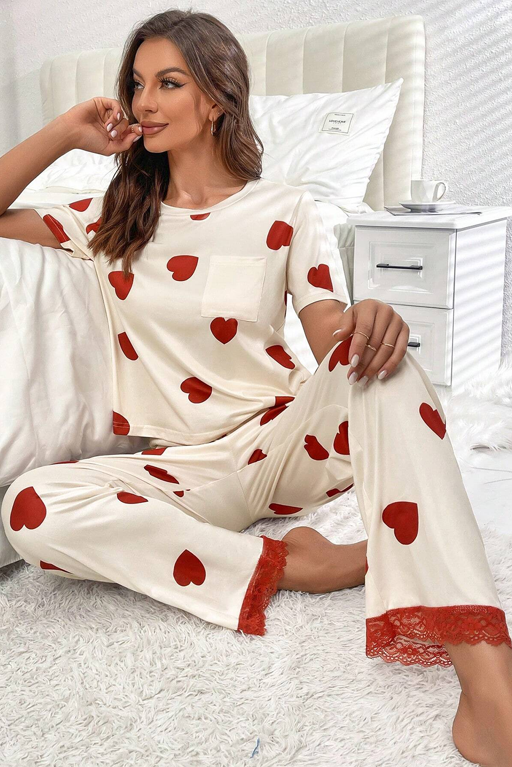 White Valentines Heart Print Lace Hem Tee Pants Pajama Set Fashion Pajamas