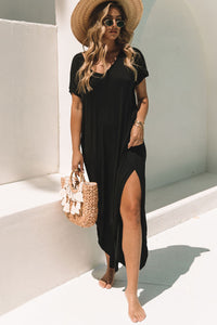 Black V Neck Hidden Pocket Splits Maxi T-shirt Dress