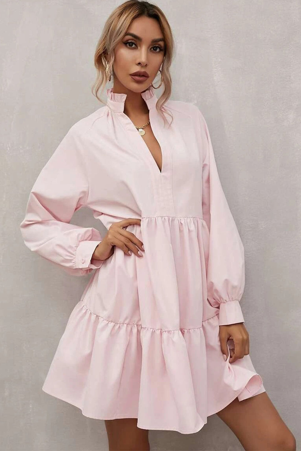 Pink Frilled Stand Collar Long Sleeve Ruffle Dress