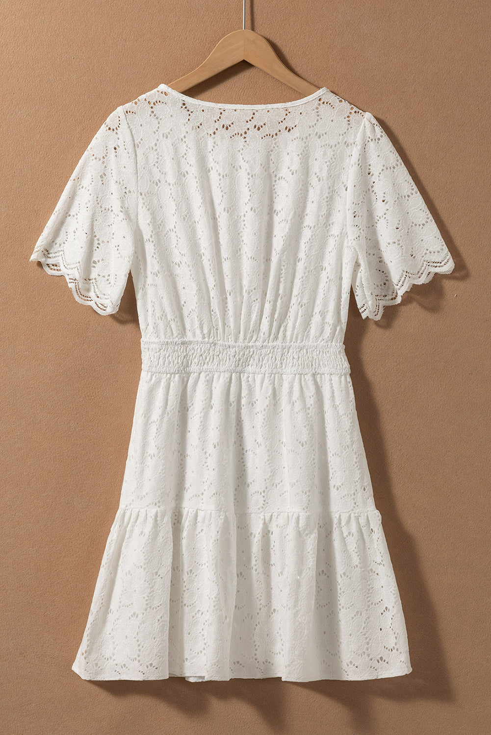 White Scalloped Floral Lace Crochet Short Sleeve Mini Dress