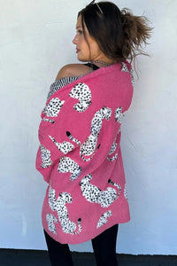 Rose Red Cheetah Pattern Open Front Knitted Fashion sweater Cardigan