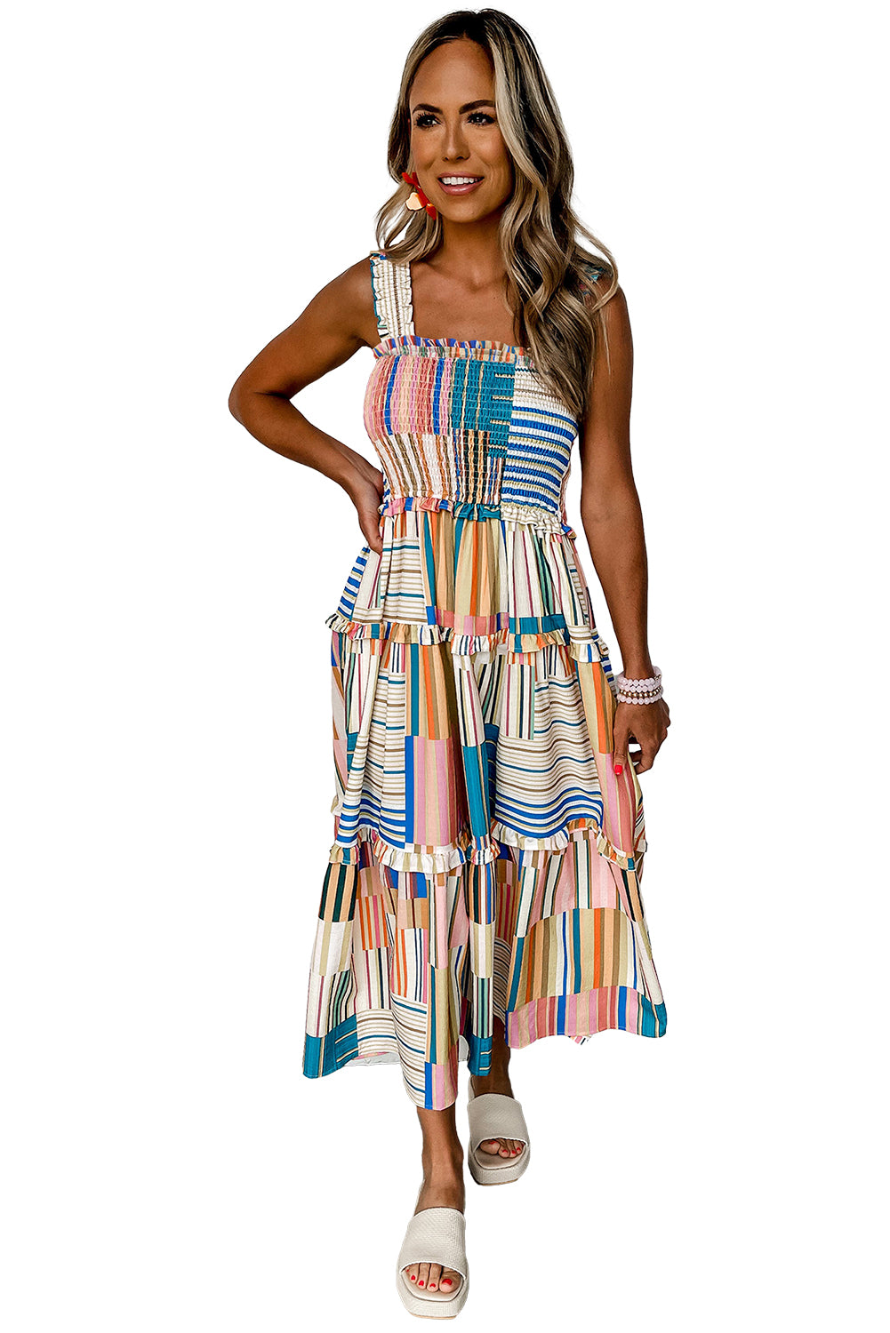 Khaki Mix Striped Wide Straps Smocked Tiered Maxi Midi Dress