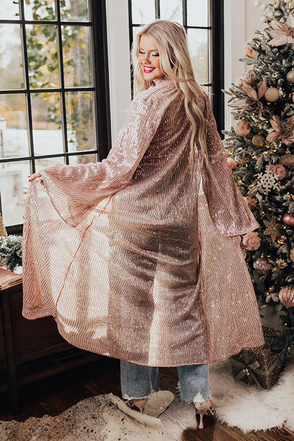 Rose Tan Open Front Long Sequin Kimono Sequin Cardigan