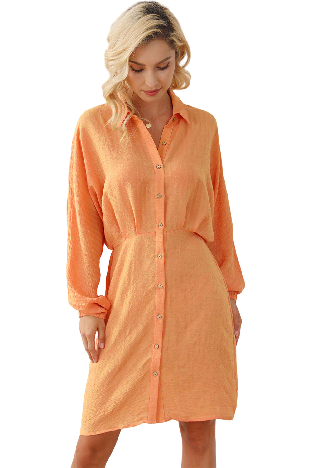 Orange Long Sleeve Short Dress Casual Textured Button Front Cinched Waist Mini