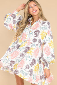 White Floral Collared Neck Button Down Bubble Sleeve Floral Flowy Shirt Dress