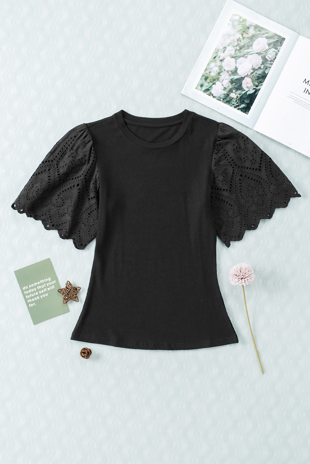 Black Shirt Scalloped Lace Sleeve Ribbed Knit Top, Womens Short Sleeve Basic Black Blouse