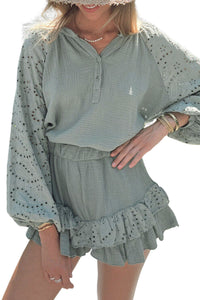 Matching Outfit Set Mist Green Crinkled Eyelet Raglan Sleeve Top Ruffled Shorts Set