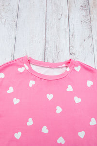 Pink Valentine Heart Print Long Sleeve Tee and Shorts Lounge Set Pajamas