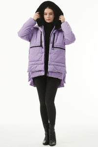 Women's Hooded Puffer Coat Purple  Plush Linen Zip Up Fashion Warm Jacket Outerwear