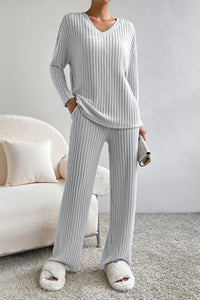 Women's comfortable Loungewear Set Pajamas  Ribbed V-Neck Top and Pants Set