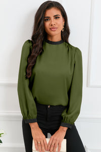 Green Color Block Bow Back Mock Neck Blouse