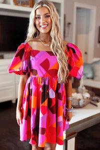 Women's Red Abstract Print Square Neck Puff Sleeve Short Mini Dress