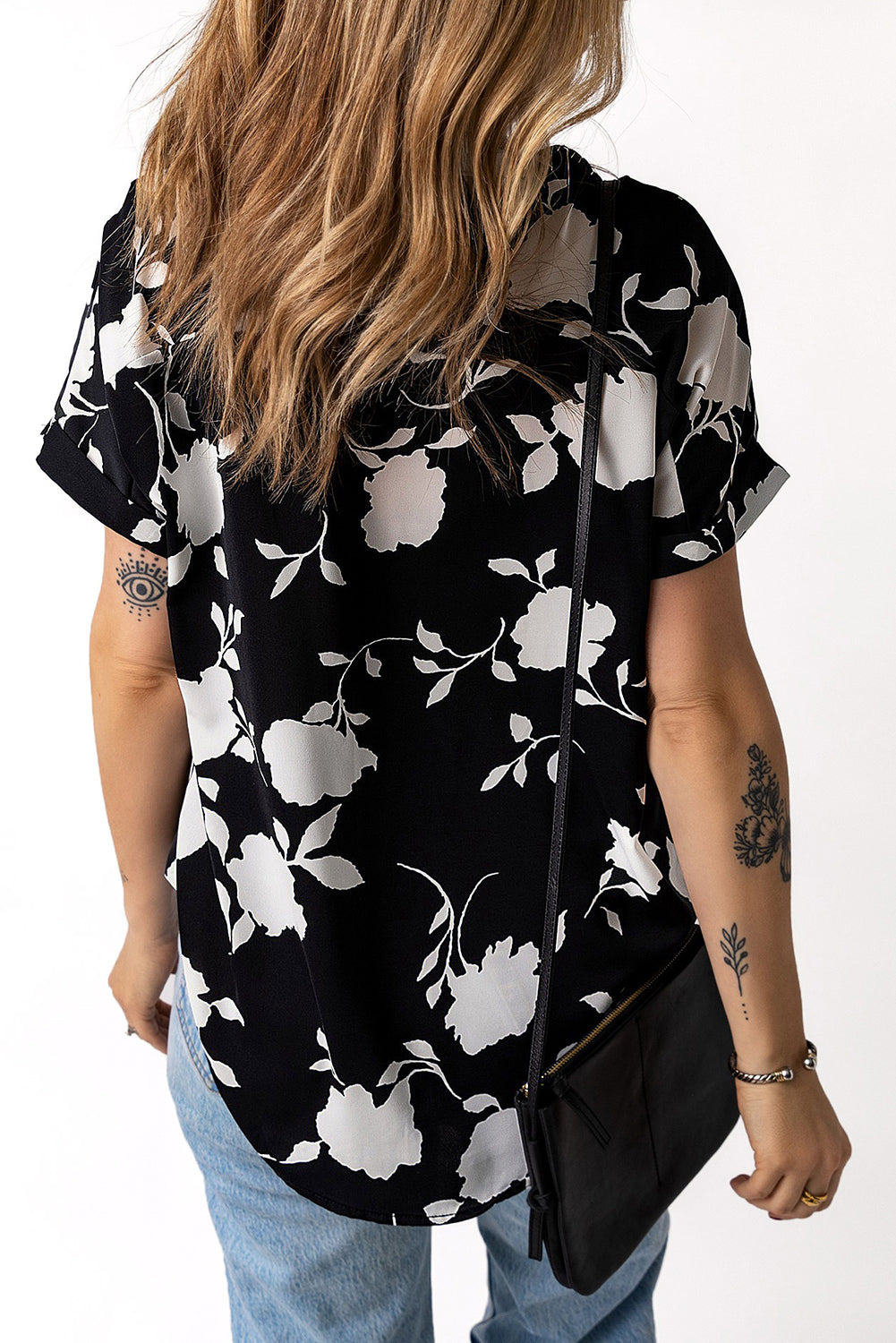 Black Floral Printed Short Sleeve Blouse Womens Casual Shirt Top