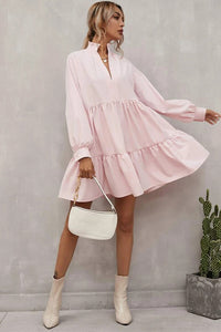 Pink Frilled Stand Collar Long Sleeve Ruffle Dress