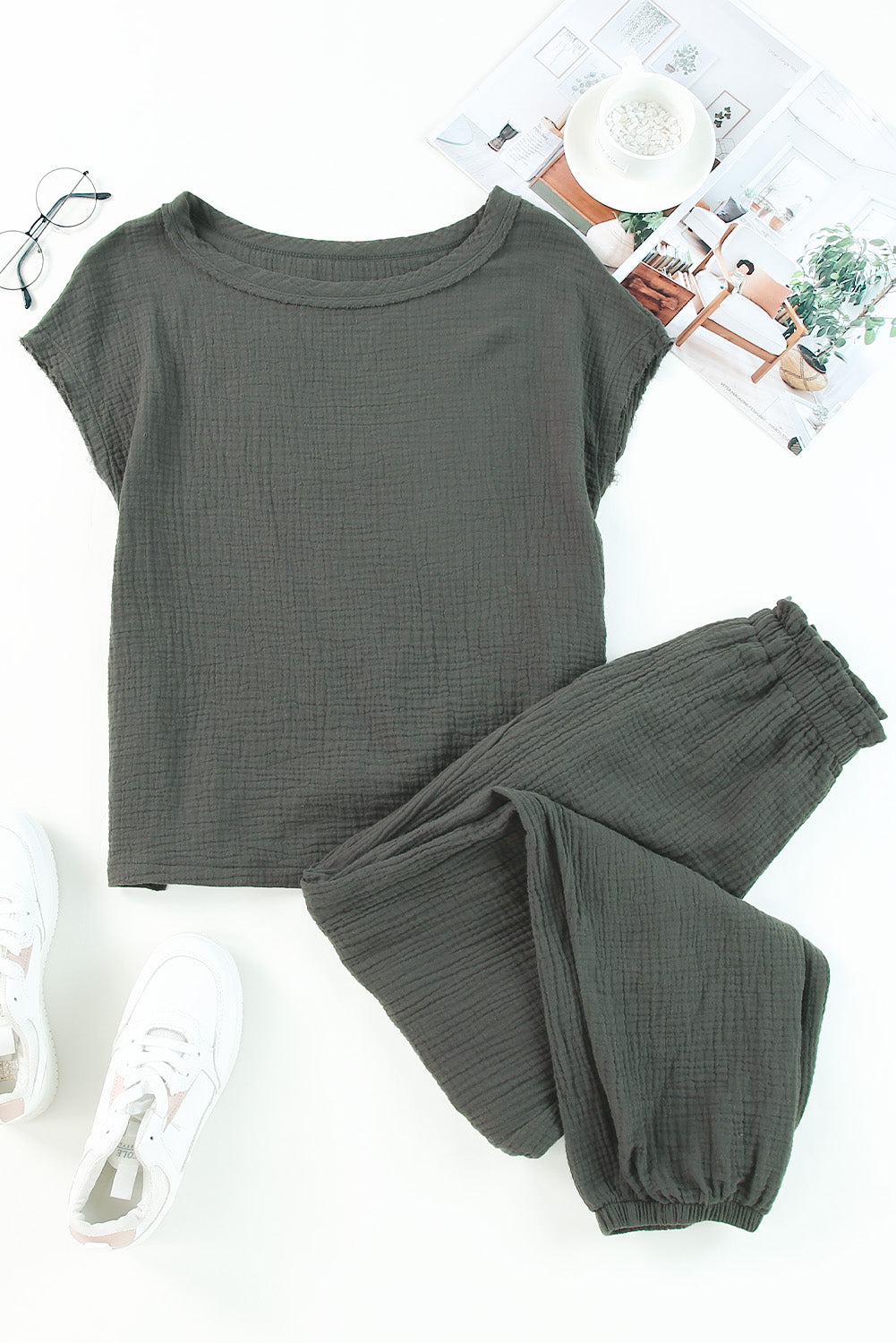 Gray Crinkled Texture Tee and Jogger Pants Set