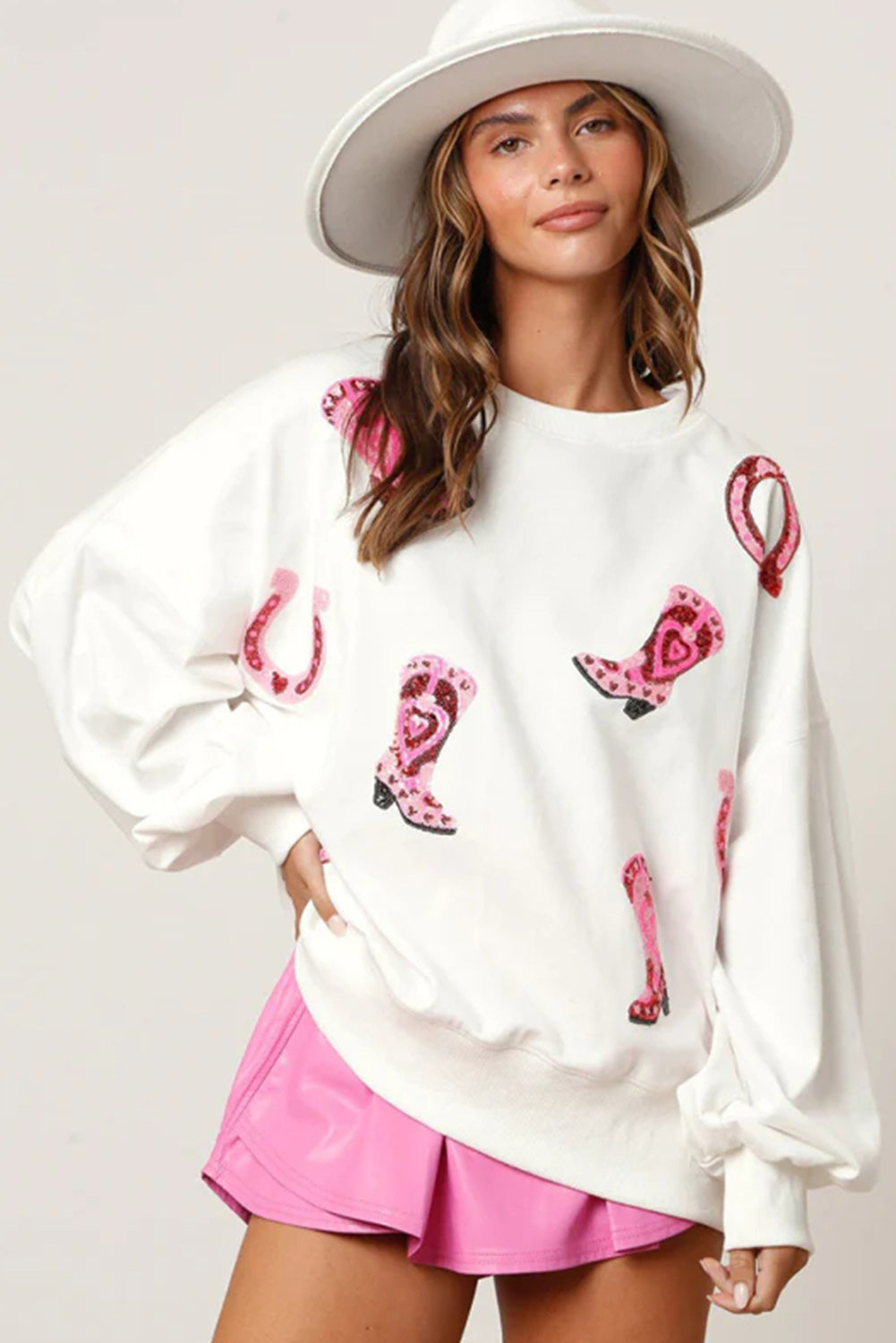 White Sequin Western Cowgirl Boots Graphic Sweatshirt Womens Long Sleeve Top