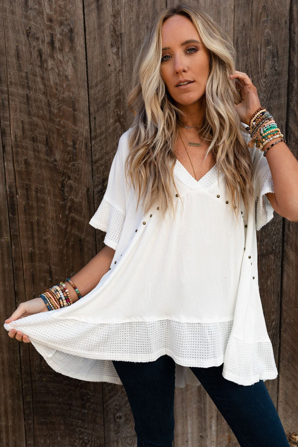 White Contrast Knit Splicing V Neck Studded Blouse