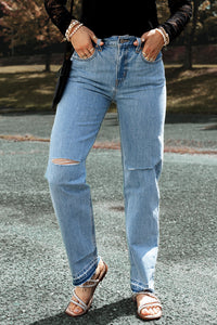 Light Blue Distressed Slit Leg Raw Edge Straight Leg Ripped Jeans