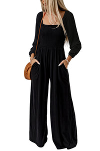 Black Smocked Square Neck Long Sleeve Wide Leg Jumpsuit