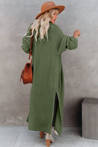 Green Open Front Side Slit Duster Knit Long Sweater Cardigan