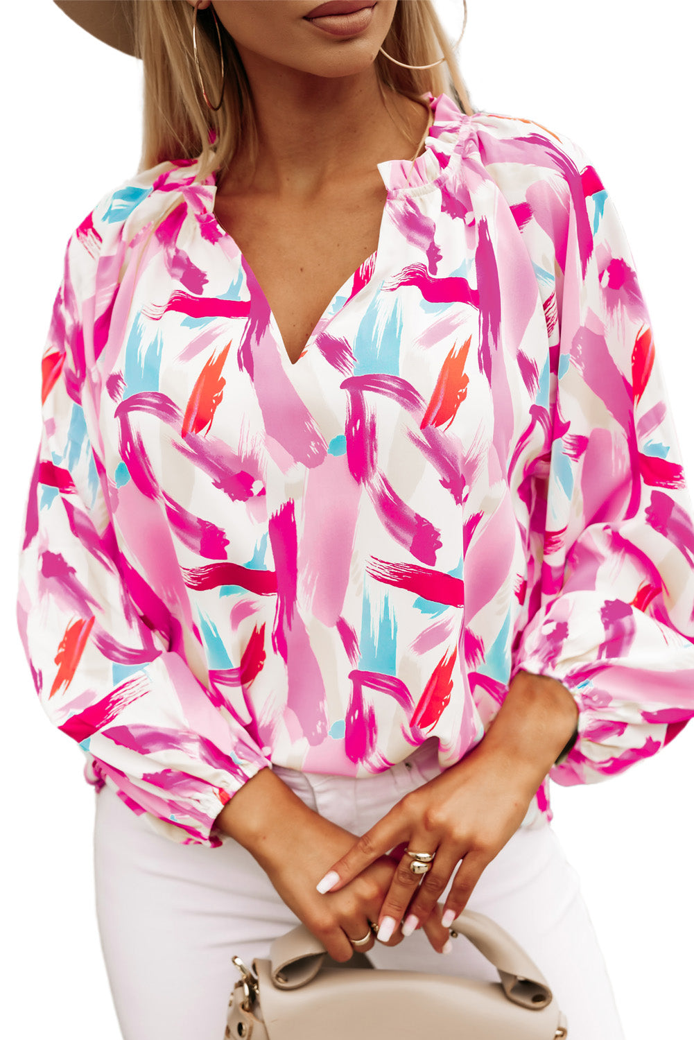 Pink Abstract Brush Print Loose Fit Blouse Womens Shirts