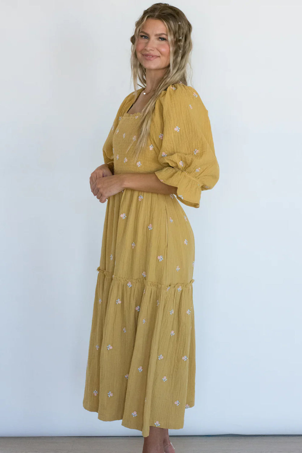 Yellow Printed Boho Ruffled Bracelet Sleeve Smocked Textured Midi Dress