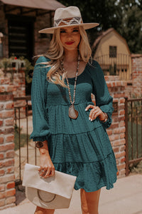 Mist Green Bishop Sleeve Smocked Tiered Casual Mini Dress