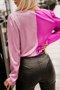 Pink Bodysuit Shirt Sparkle Color Block V-Neck Long Sleeve Top