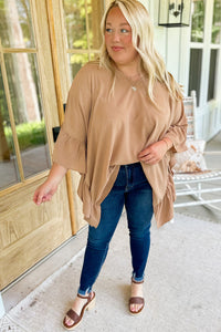 Khaki Nude Shirt Plus Size Ruffled Batwing Sleeve V Neck Blouse Oversize Baggy