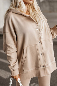 Beige Solid Color Pocketed Button Up Loose Hoodie Fashion Light Jacket