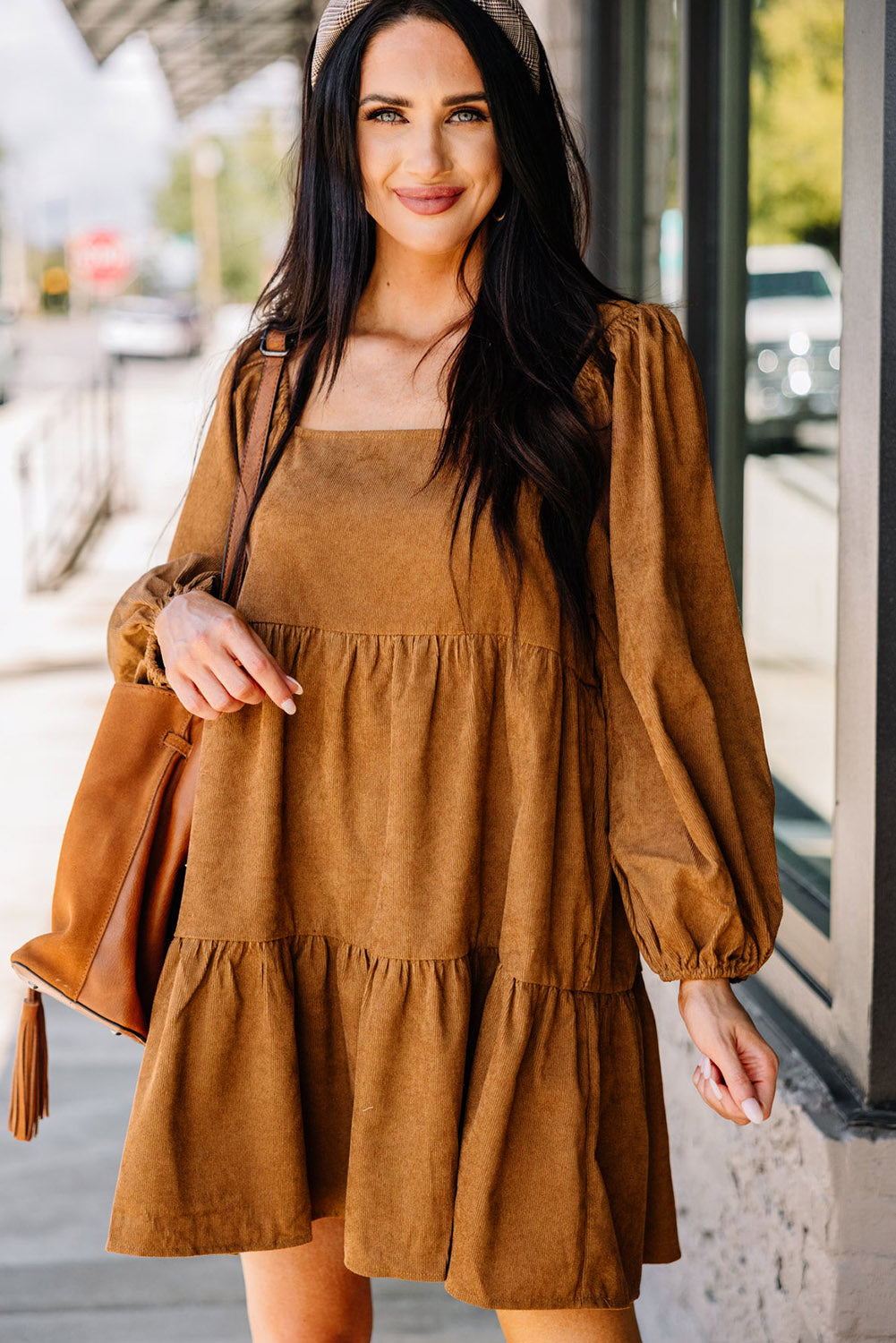 Boho Long Sleeve Dress with pockets  Chestnut Square Neck Puff Sleeve Tiered Corduroy Mini