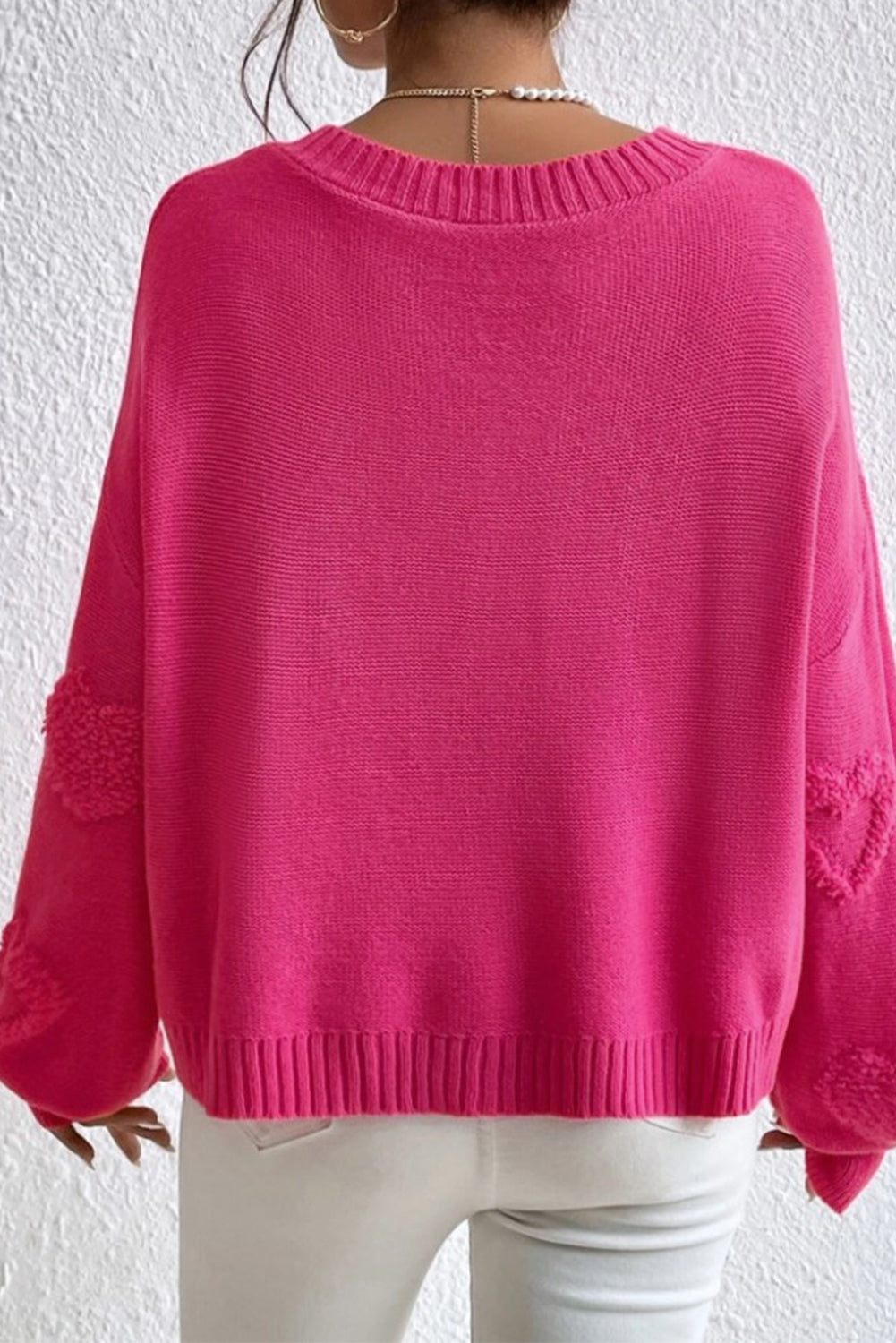 Rose Red Pearl Embellished Fuzzy Hearts V Neck Sweater