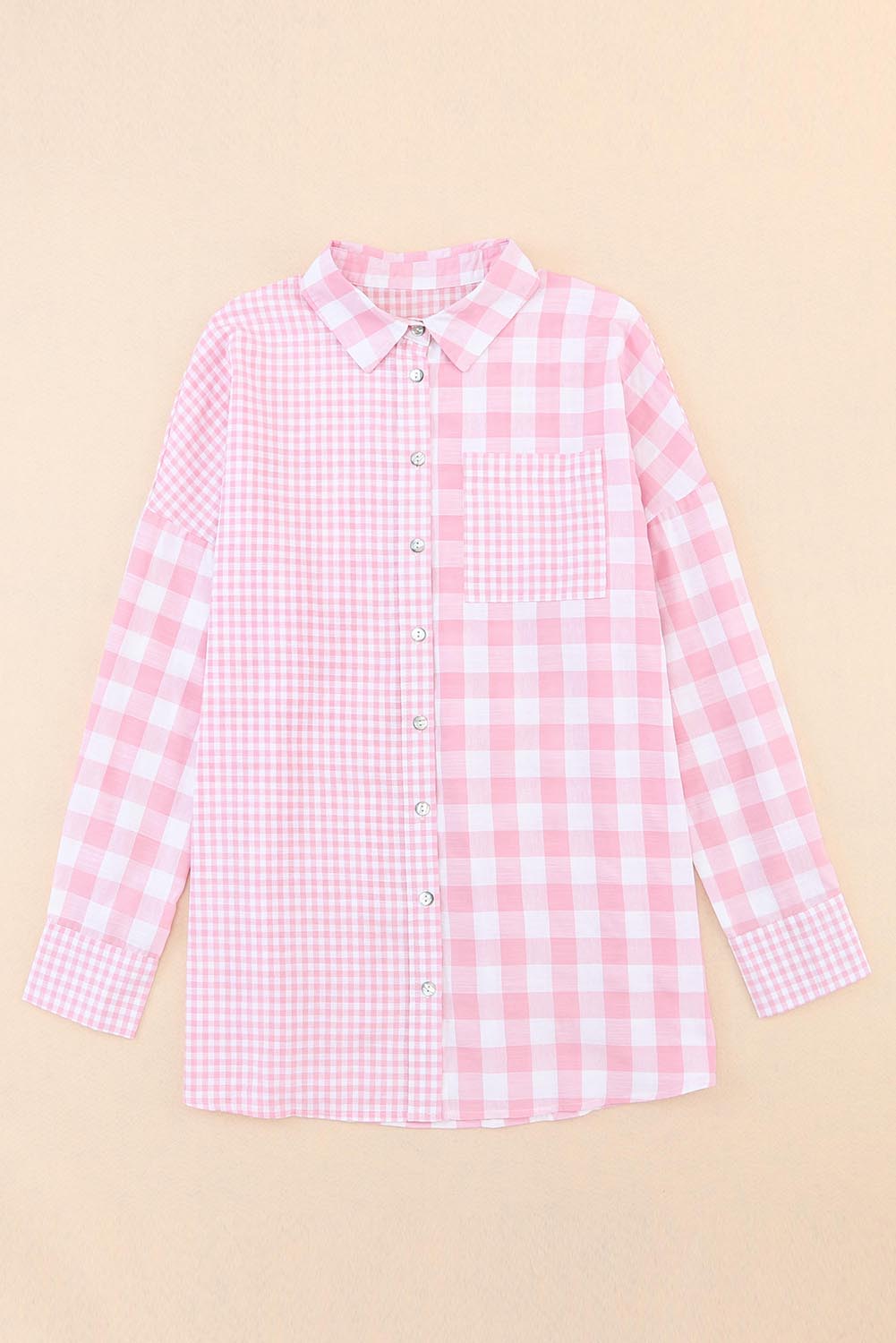 Women's Fashion Top Pink Mix Checked Patchwork Long Sleeve Shirt