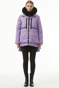 Women's Hooded Puffer Coat Purple  Plush Linen Zip Up Fashion Warm Jacket Outerwear