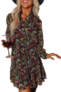 Black Retro Floral Tie Waist Short Ruffle Shirt Dress