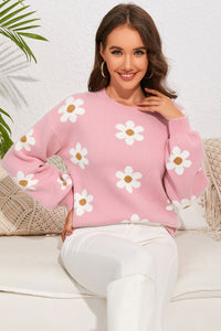 Pink Floral Pattern Drop Shoulder Sweater