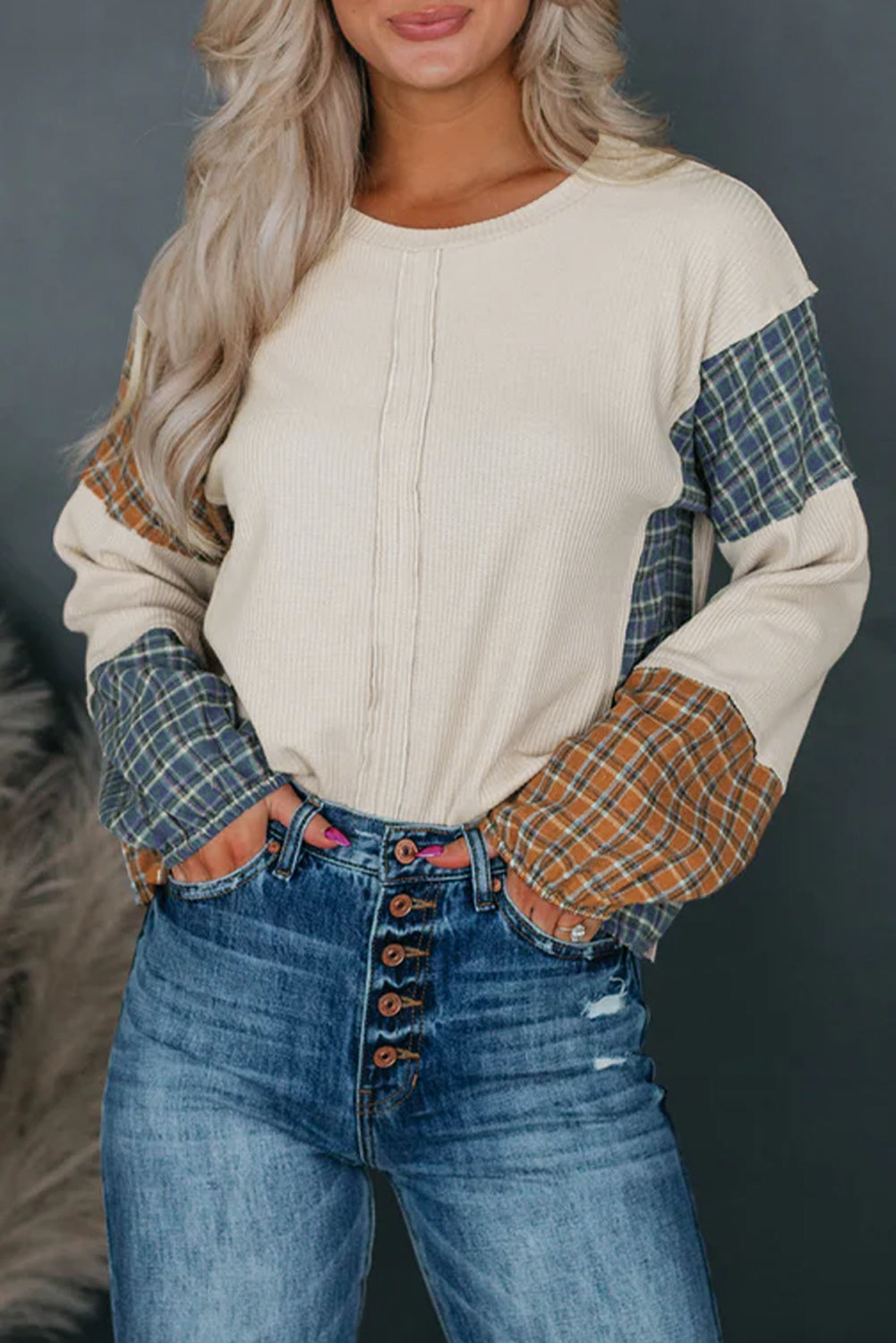 Fashion Sweater Smoke Gray Plaid Patchwork Raw Seam Long Sleeve Top