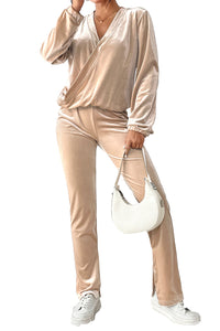 Khaki Drape V Neck Split Bottom Velvet Pants Set