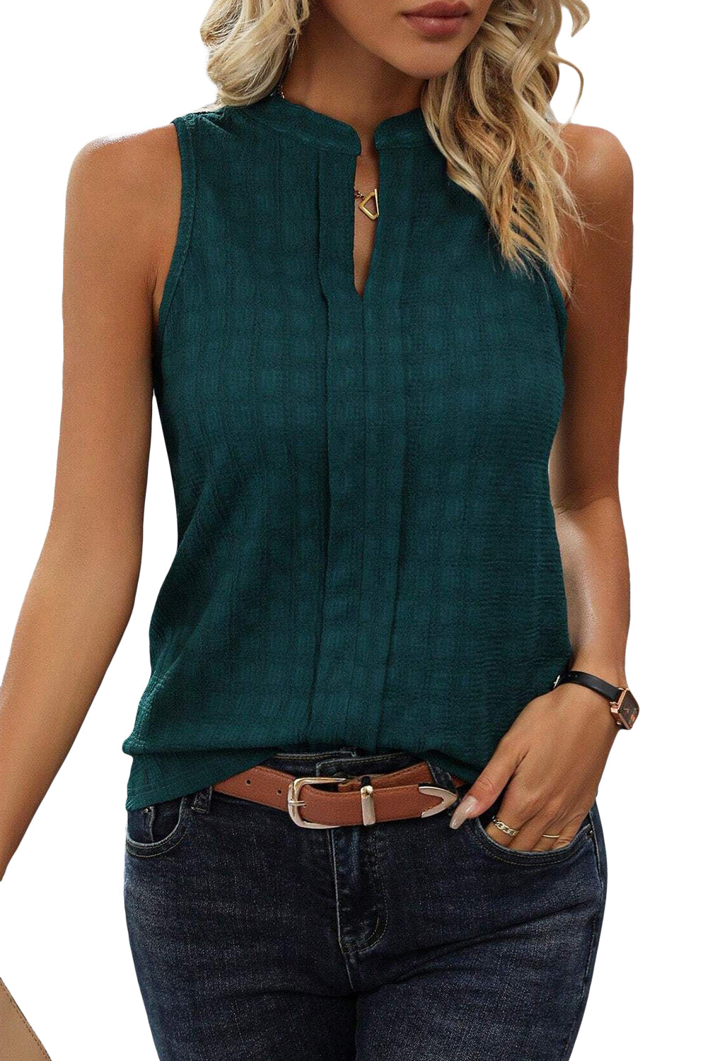 Ladies Sleeveless Shirt Sea Green Lattice Textured Split Neck Tank Top