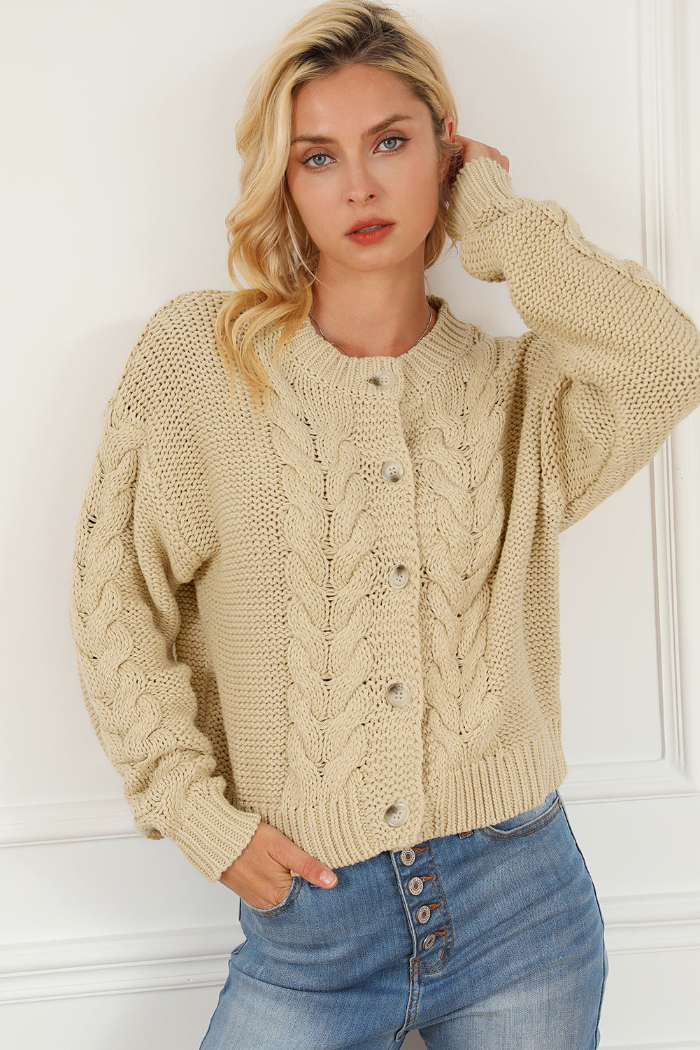 Fashion Open Sweater Apricot Cable Knit Buttoned Cardigan