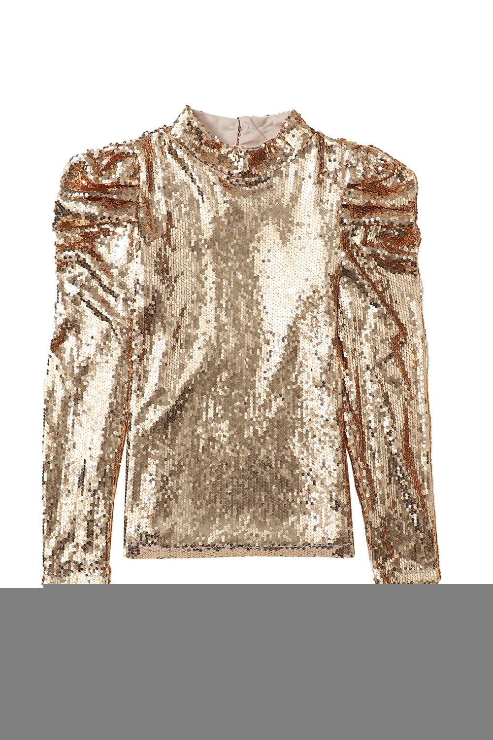 Gold Long Sleeve Shirt Apricot Sequin Mock Neck Bubble Sleeve Top