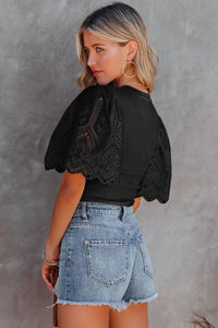 Black Shirt Scalloped Lace Sleeve Ribbed Knit Top, Womens Short Sleeve Basic Black Blouse