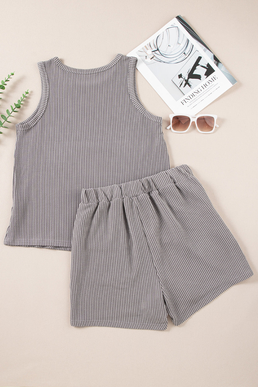 Medium Grey Corded Sleeveless Top and Pocketed Shorts Set Two Piece fashion Outfit Matching Set