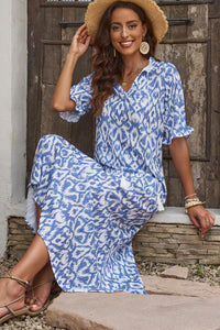 Casual Geometric Print Maxi Dress Sky Blue V Neck Boho Summer Vacation Dresses Loose Fit