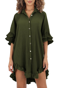 Women's Olive Green Button Down Long Blouse Moss Green High-low Hem Ruffle Sleeve Pleated Shirt Dress