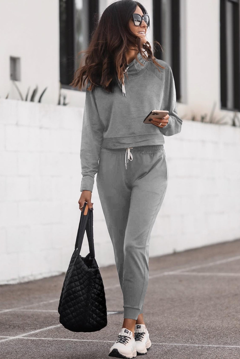 Matching Fashion Set Gray Drawstring Hoodie and High Waist Sweatpants Set Comfy Fashion Outfit Set